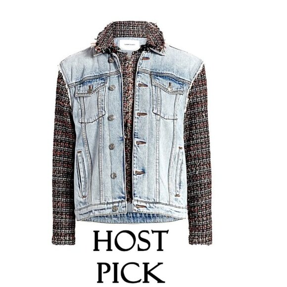 NWT Current / Elliott contrasting denim & tweed short light wash jean jacket - Picture 1 of 16